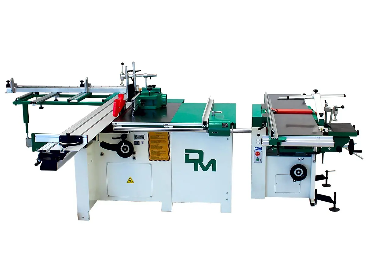 Split combination machine composed by a with a Table saw with circular blade Ø 315 mm, engraver, sliding carriage of 3000 mm, vertical spindle moulder and a Surface/Thickness Planner with Spindle lenght of 410 mm, 4 knives and mortiser integrated 