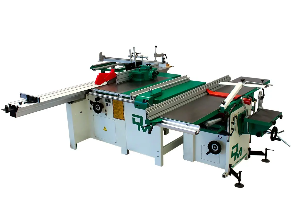 Split combination machine composed by a with a Table saw with circular blade Ø 315 mm, engraver, sliding carriage of 3000 mm, vertical spindle moulder and a Surface/Thickness Planner with Spindle lenght of 410 mm, 4 knives and mortiser integrated 