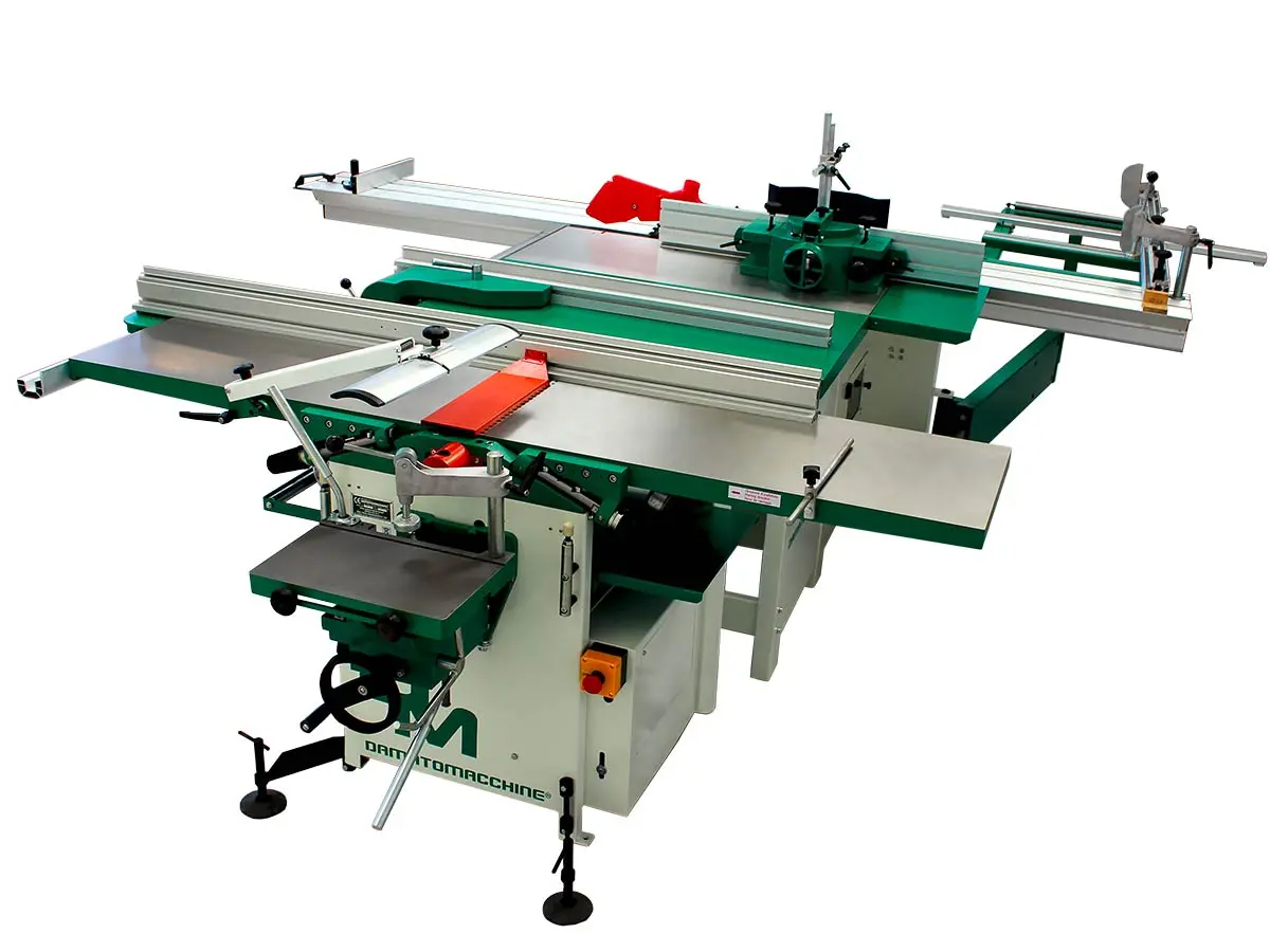 Split combination machine composed by a with a Table saw with circular blade Ø 315 mm, engraver, sliding carriage of 3000 mm, vertical spindle moulder and a Surface/Thickness Planner with Spindle lenght of 410 mm, 4 knives and mortiser integrated 