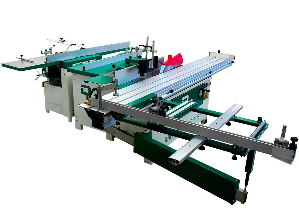 Split combination machine composed by a with a Table saw with circular blade Ø 315 mm, engraver, sliding carriage of 3000 mm, vertical spindle moulder and a Surface/Thickness Planner with Spindle lenght of 410 mm, 4 knives and mortiser integrated 