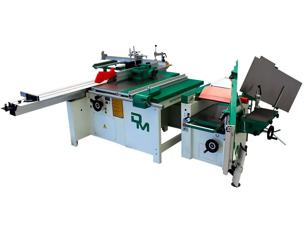 Split combination machine composed by a with a Table saw with circular blade Ø 315 mm, engraver, sliding carriage of 3000 mm, vertical spindle moulder and a Surface/Thickness Planner with Spindle lenght of 410 mm, 4 knives and mortiser integrated 