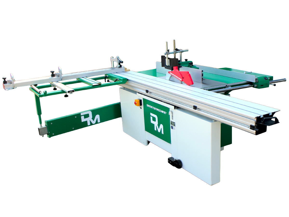 Table saw for equiped with circular saw Ø 315 mm height adjustable and tilt up to 45°, engraver, carriage 3000 mm and vertical spindle moulder